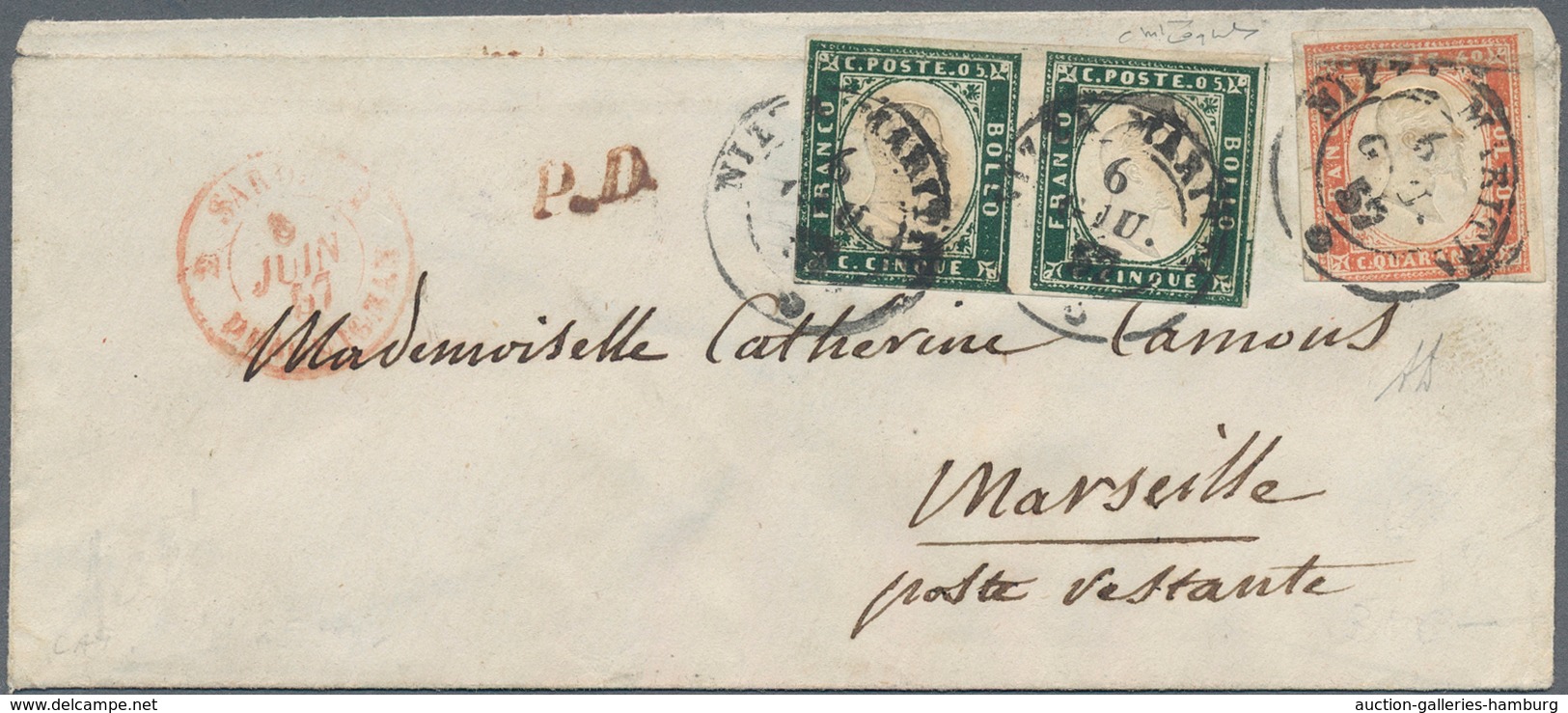 Italien - Altitalienische Staaten: Sardinien: 1855, 5 C Dark Myrtle Green, Horizontal Pair, Together - Sardinia