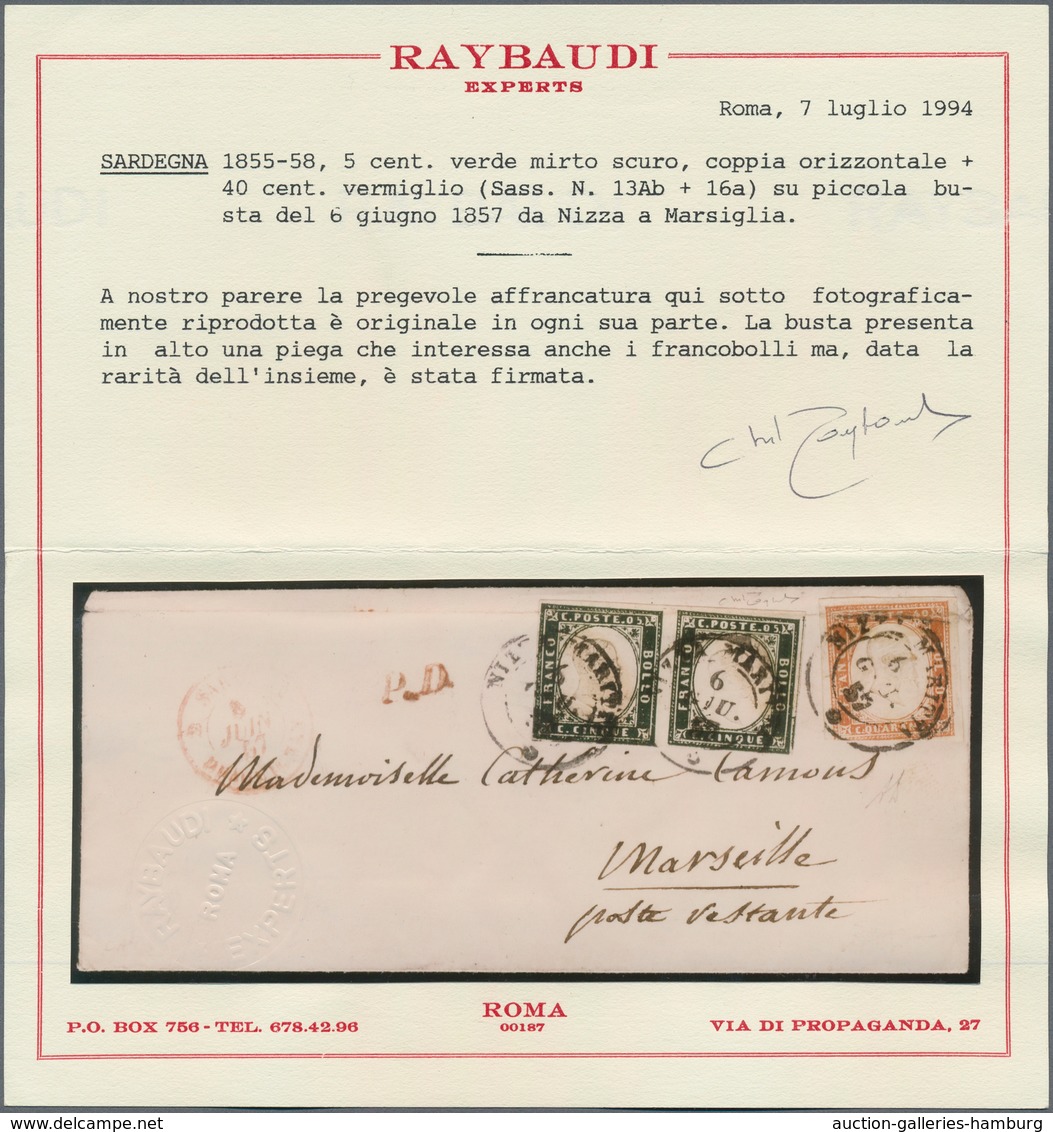 Italien - Altitalienische Staaten: Sardinien: 1855, 5 C Dark Myrtle Green, Horizontal Pair, Together - Sardinien