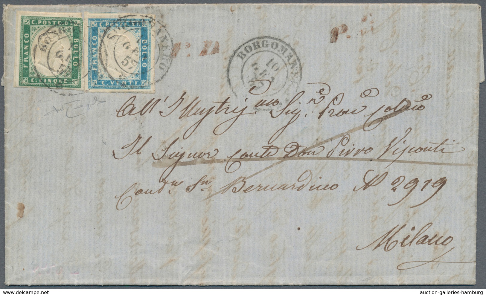 Italien - Altitalienische Staaten: Sardinien: 1857, 5 Cent Emerald Green And 20 Cent Milk Blue On Le - Sardinien