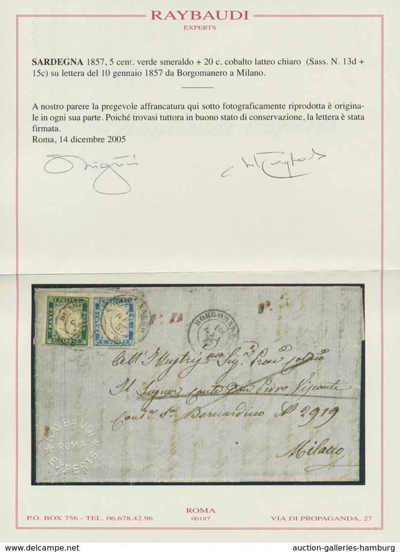 Italien - Altitalienische Staaten: Sardinien: 1857, 5 Cent Emerald Green And 20 Cent Milk Blue On Le - Sardinien