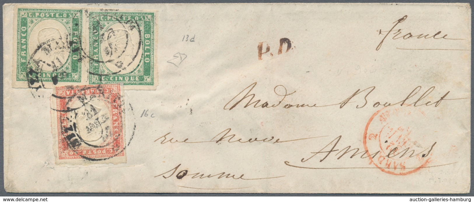 Italien - Altitalienische Staaten: Sardinien: 1857, Feb. 11: 5 Cents Emerald Green, Horizontal Pair - Sardinien