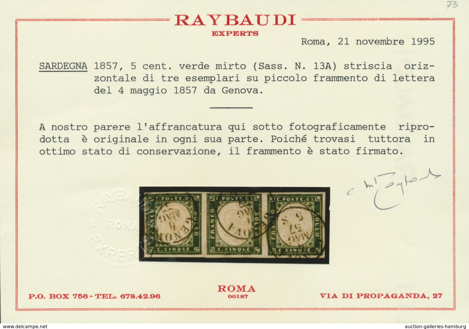 Italien - Altitalienische Staaten: Sardinien: 1857, 5 C Myrtle Green, Horizontal Strip Of 3, Even To - Sardinia