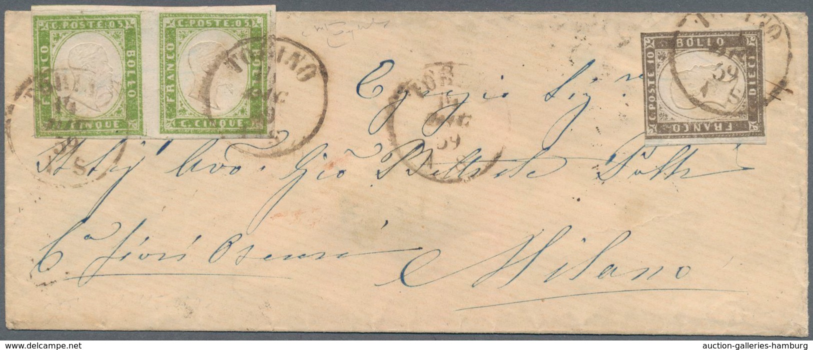 Italien - Altitalienische Staaten: Sardinien: 1859, 5 C Light Olive Green Pair Mixed Franking With 1 - Sardinia