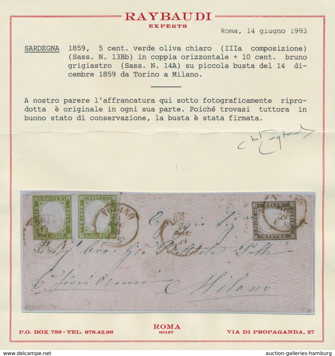 Italien - Altitalienische Staaten: Sardinien: 1859, 5 C Light Olive Green Pair Mixed Franking With 1 - Sardinia