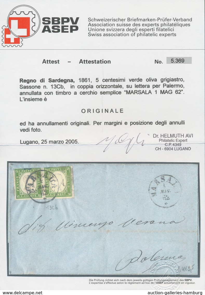 Italien - Altitalienische Staaten: Sardinien: 1861, 5 C Grey Olive-green, Horizontal Pair, Even To F - Sardinien