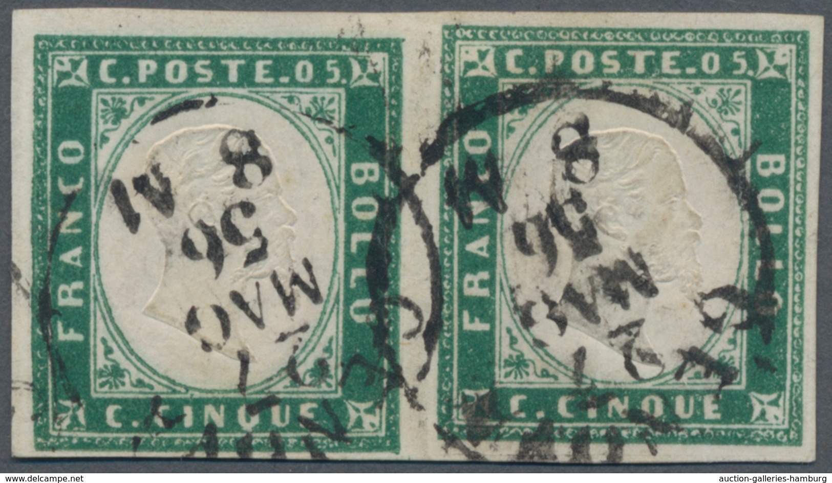 Italien - Altitalienische Staaten: Sardinien: 1856, 5 C Blue-green Horizontal Pair Cancelled With Ci - Sardinien