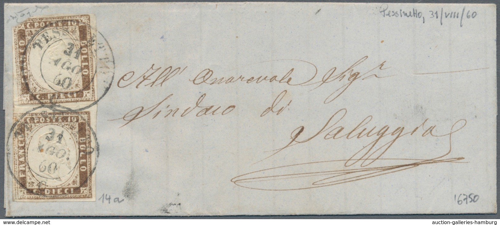 Italien - Altitalienische Staaten: Sardinien: 1858, 10 Cents Umbra, 2x (1 Cornerfault) On A Small Le - Sardinien