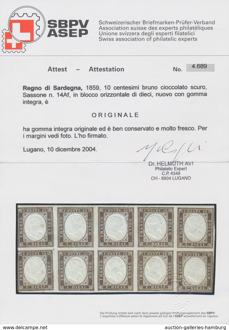 Italien - Altitalienische Staaten: Sardinien: 1859, 10c. Dark Chocolate Brown, Vertical Pair, Intens - Sardinia