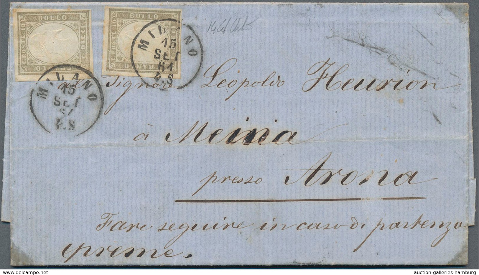 Italien - Altitalienische Staaten: Sardinien: 1861, 10c. Grey, Two Copies Of Fresh Colour And Good M - Sardinia