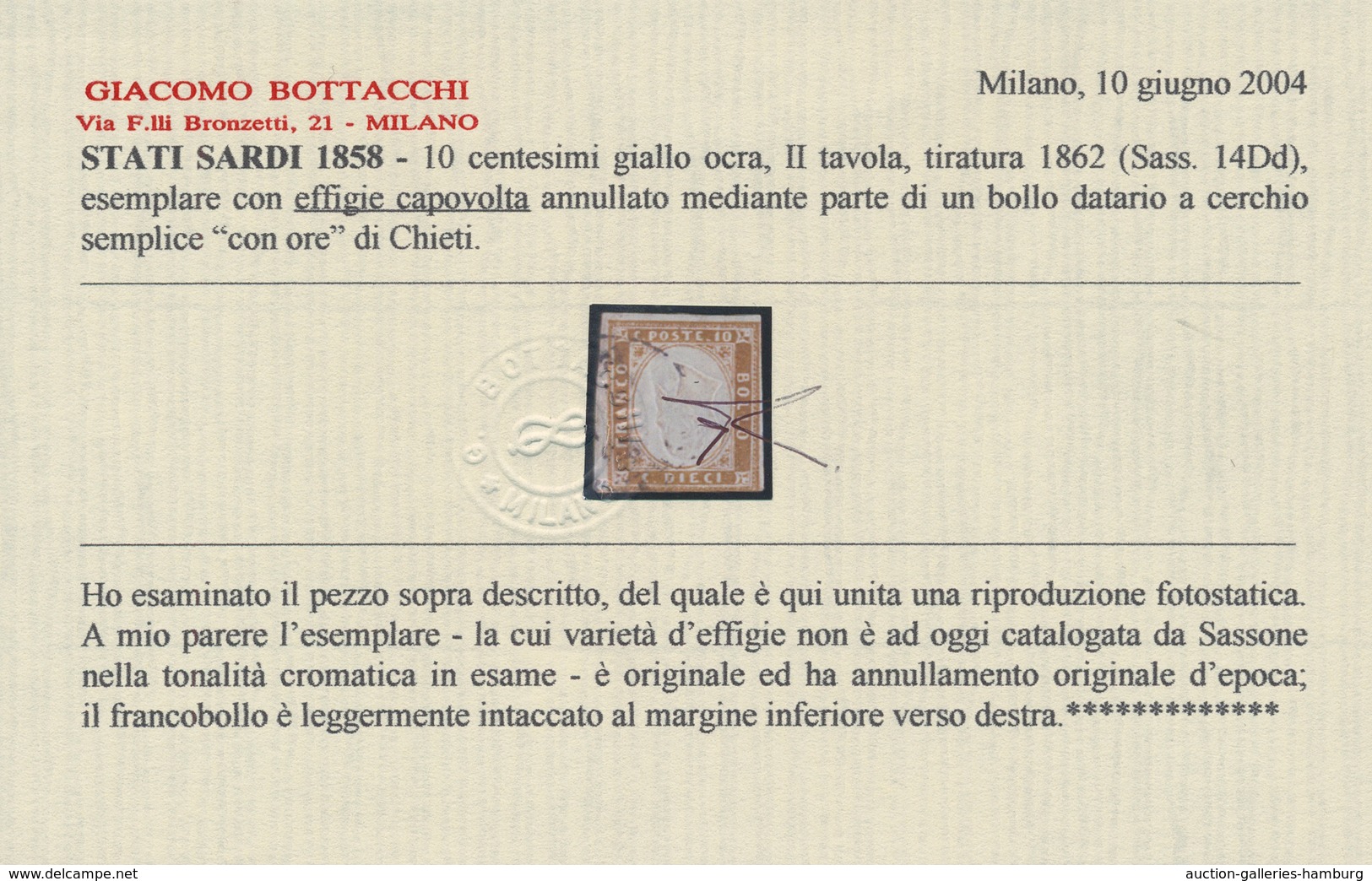 Italien - Altitalienische Staaten: Sardinien: 1858. 19 C. Ochre Yellow, Secnd Plate, 1862 Printing, - Sardinia