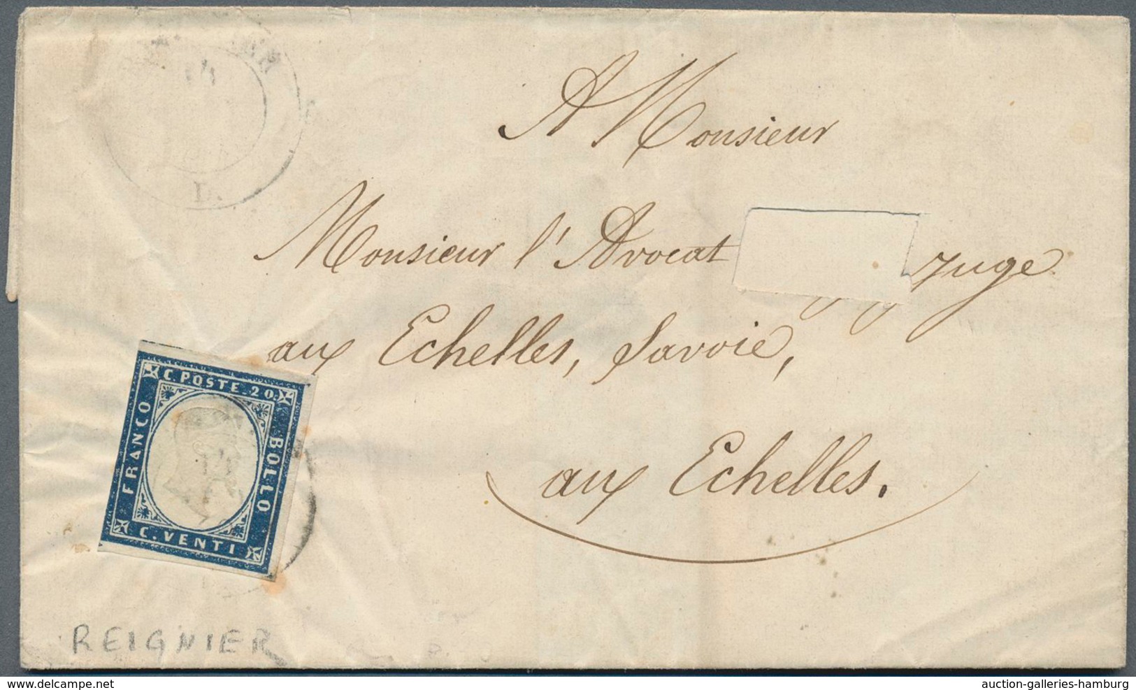 Italien - Altitalienische Staaten: Sardinien: 1857, Sardinia Used In Savoy: 20 C Deep Ultramarine, E - Sardinia