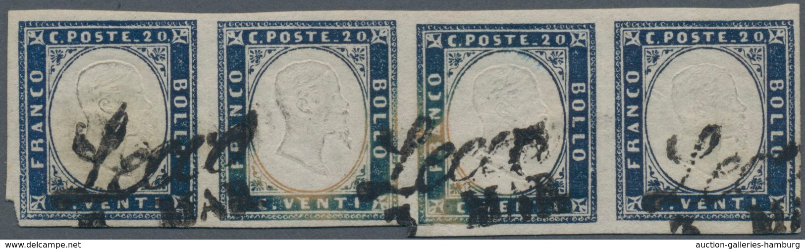 Italien - Altitalienische Staaten: Sardinien: 1859, 20 C Indigio In Horizontal Stripe Of Four Cancel - Sardinien