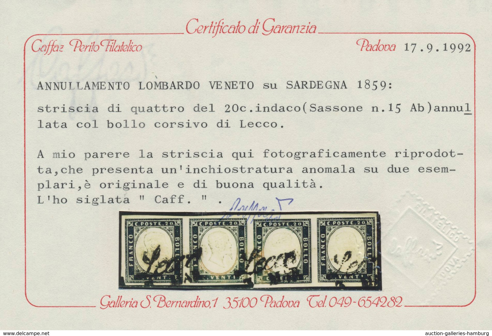 Italien - Altitalienische Staaten: Sardinien: 1859, 20 C Indigio In Horizontal Stripe Of Four Cancel - Sardinien