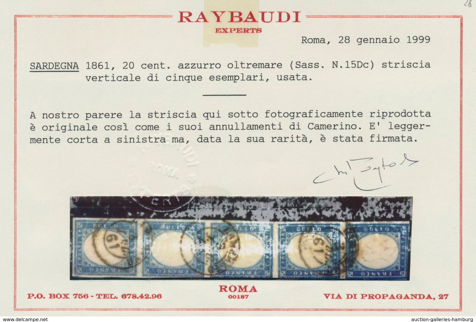 Italien - Altitalienische Staaten: Sardinien: 1861, 20 C Ultramarine In Vertical Stripe Of Five Canc - Sardinia