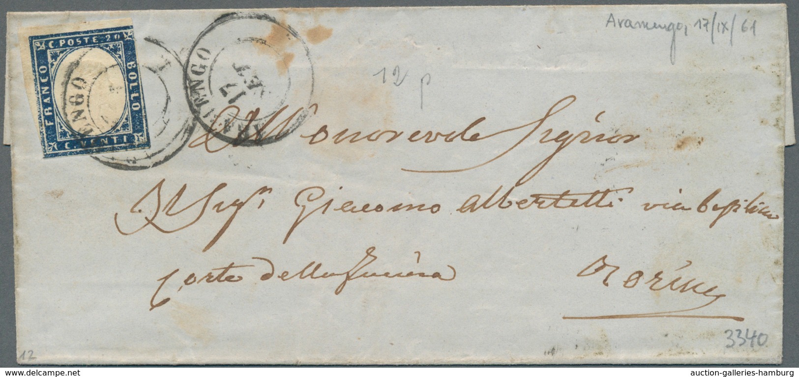 Italien - Altitalienische Staaten: Sardinien: 1861, 20 C Ultramarine, Three Even To Large Margins, R - Sardinia