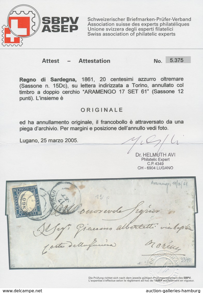 Italien - Altitalienische Staaten: Sardinien: 1861, 20 C Ultramarine, Three Even To Large Margins, R - Sardinien