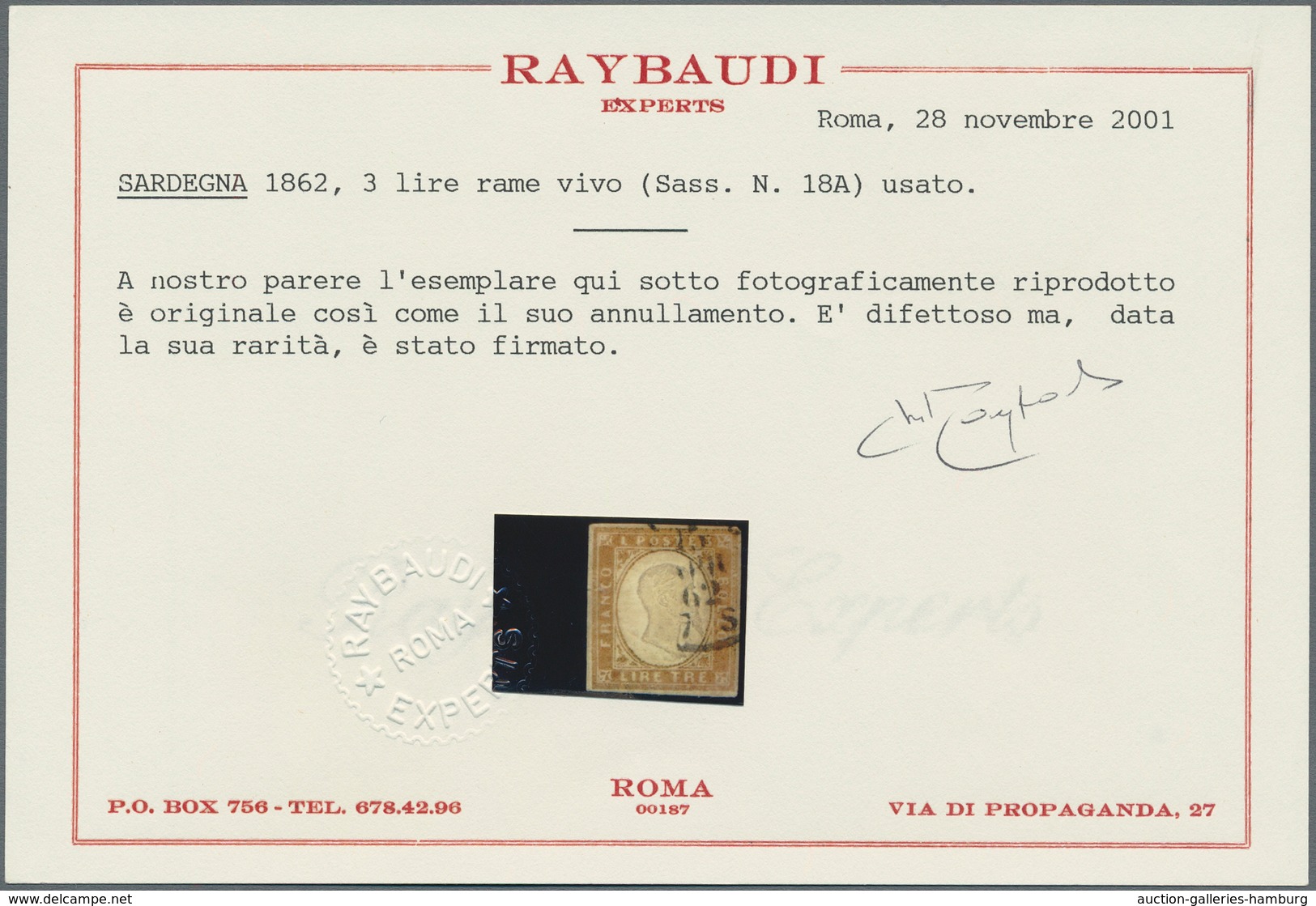 Italien - Altitalienische Staaten: Sardinien: 1862. 3 Lire Bright Copper, Cancelled By Partes Of Cds - Sardinien