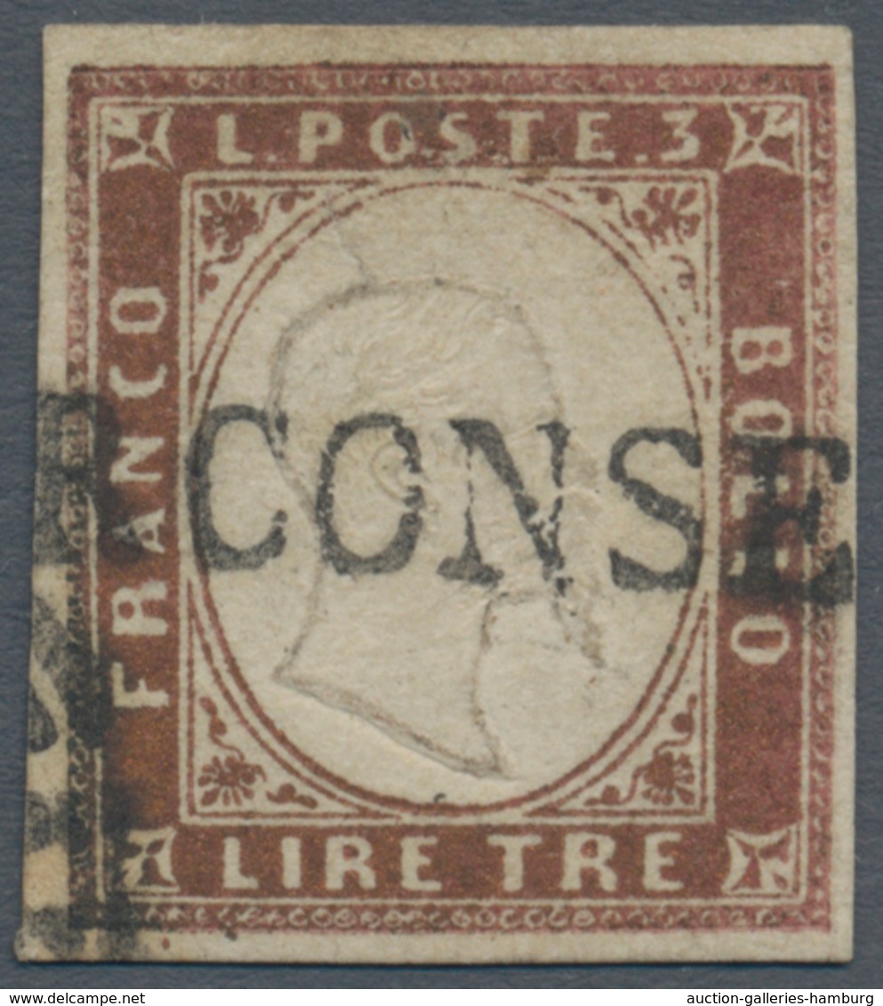 Italien - Altitalienische Staaten: Sardinien: 1862, 3 Lire Brown, Cancelled, Slightly Defective, Sig - Sardinia