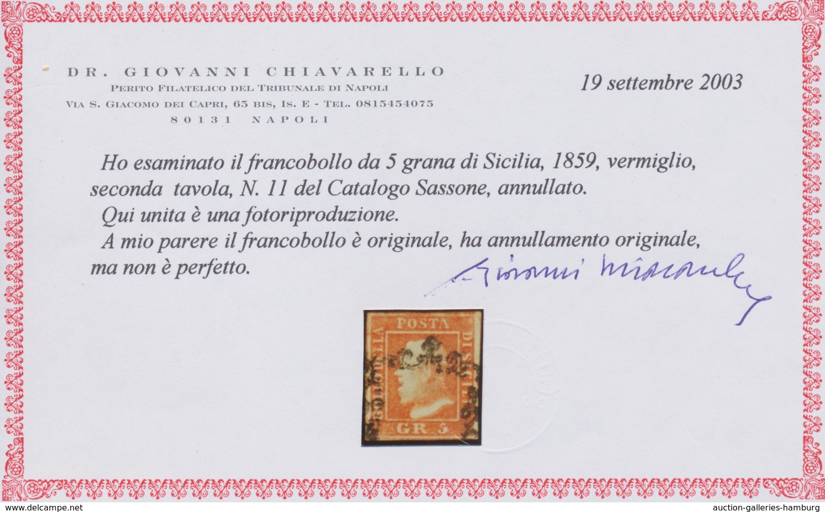 Italien - Altitalienische Staaten: Sizilien: 1859, 5 Gr Vermilion Second Plate Cancelled With Sicili - Sicily