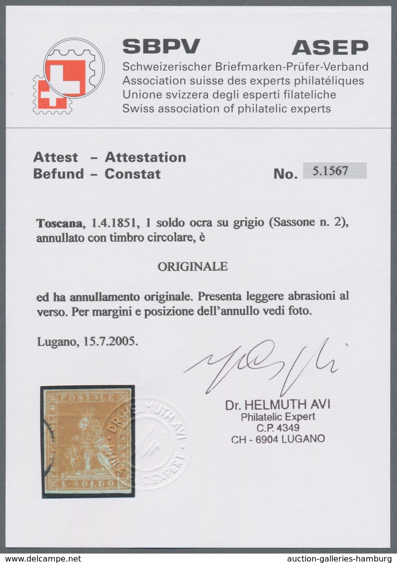 Italien - Altitalienische Staaten: Toscana: 1851, 1 Soldo Ochre On Grey Paper Cancelled With Circle - Toskana