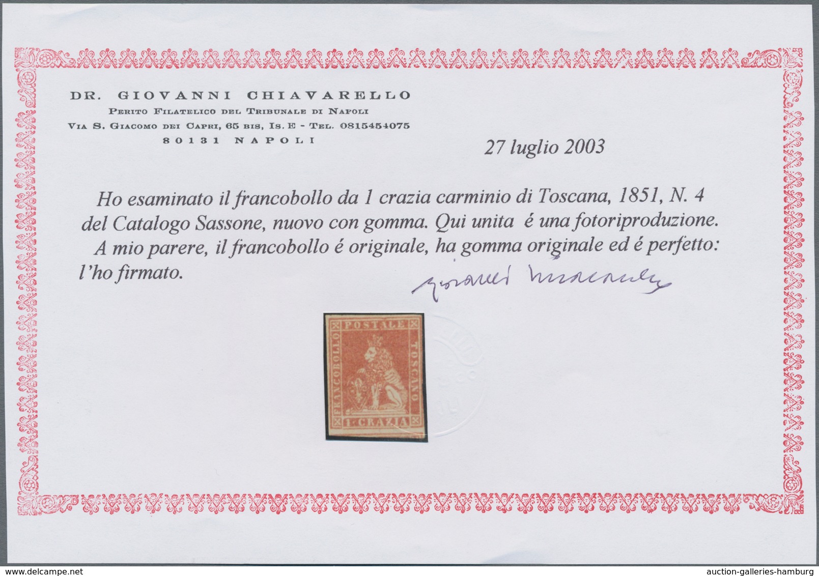 Italien - Altitalienische Staaten: Toscana: 1851, 2 Cr Carmine-red Mint With Original Gum, According - Tuscany