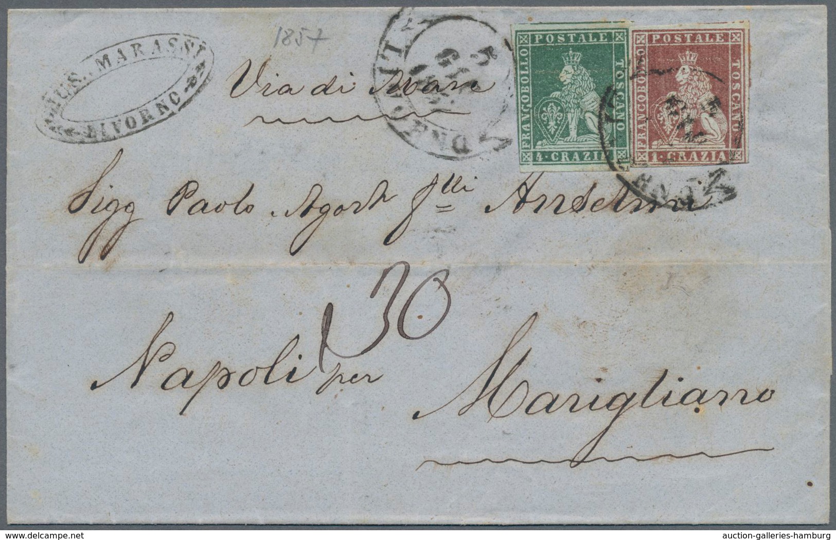 Italien - Altitalienische Staaten: Toscana: 1851, 1 Cr Brown-carmine And 4 Cr Green Mixed Franking O - Tuscany