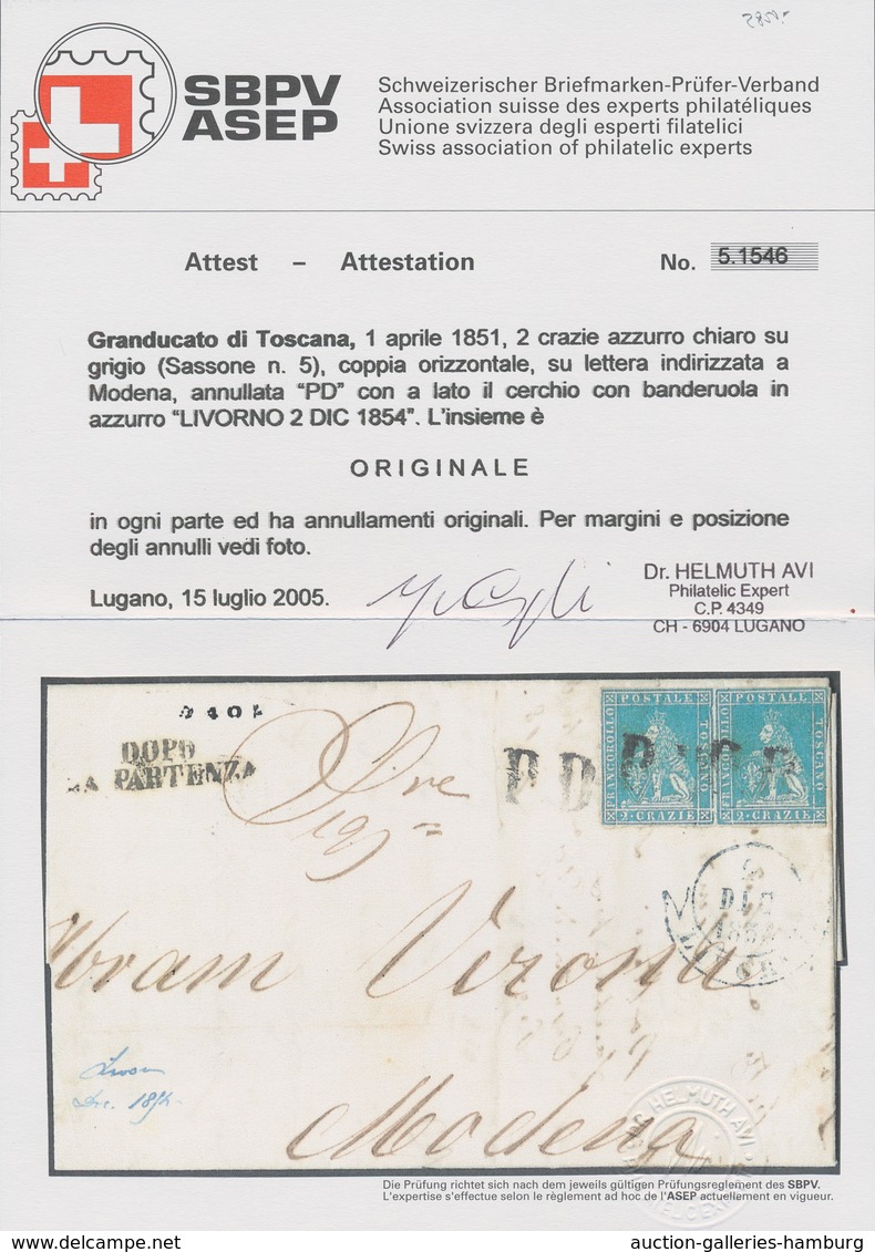 Italien - Altitalienische Staaten: Toscana: 1851. 2 Crazie Blue, Horizontal Pair, Canceld By Black P - Toskana