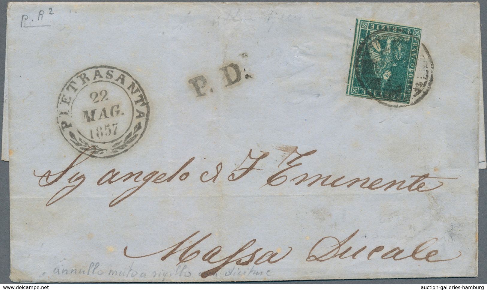 Italien - Altitalienische Staaten: Toscana: 1851, 2 Cr Greenish Blue On Grey, 3 Margins, Left Side T - Tuscany