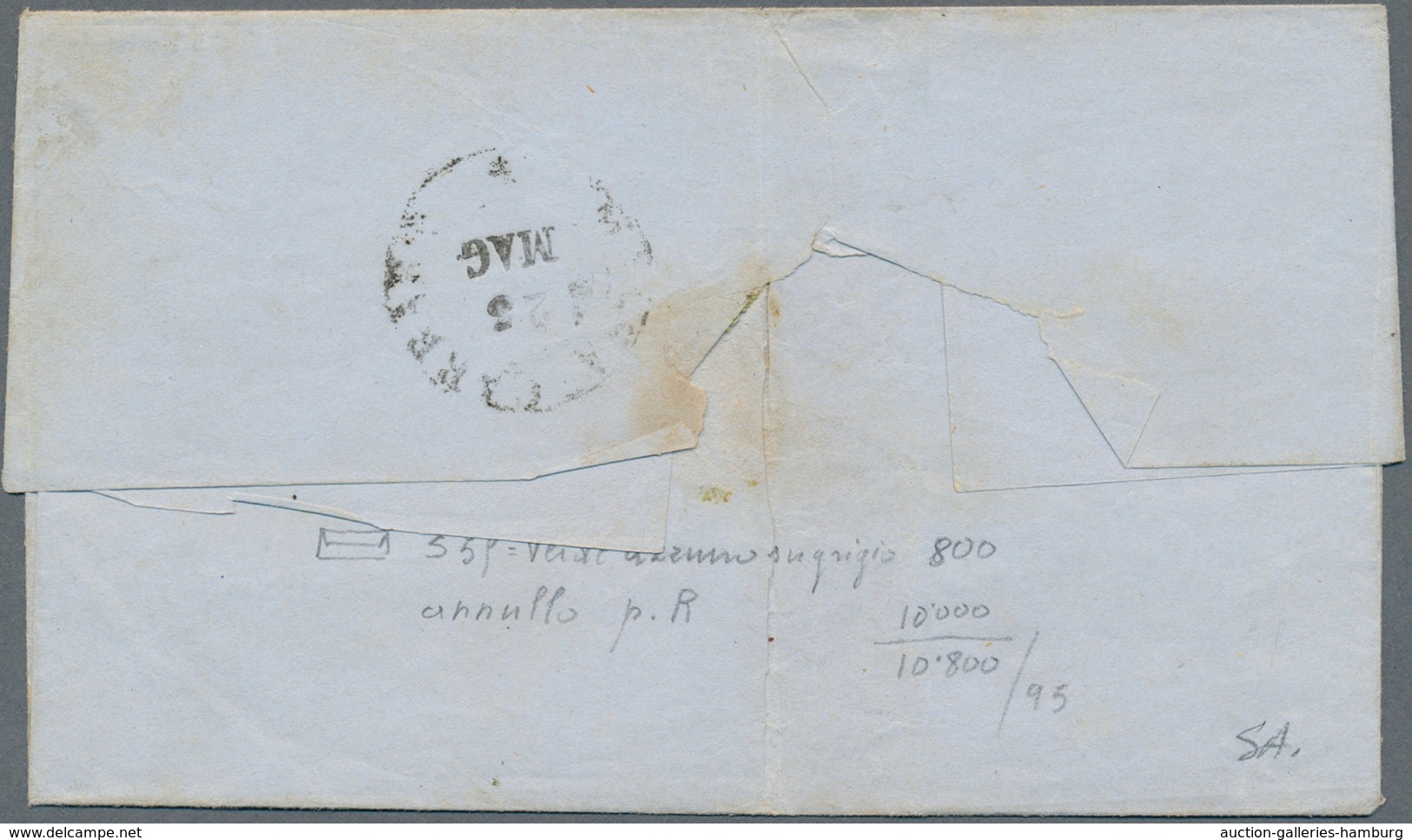 Italien - Altitalienische Staaten: Toscana: 1851, 2 Cr Greenish Blue On Grey, 3 Margins, Left Side T - Tuscany