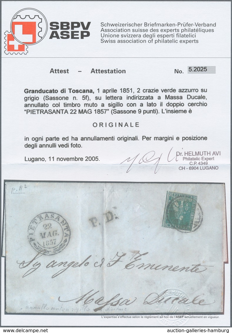 Italien - Altitalienische Staaten: Toscana: 1851, 2 Cr Greenish Blue On Grey, 3 Margins, Left Side T - Tuscany