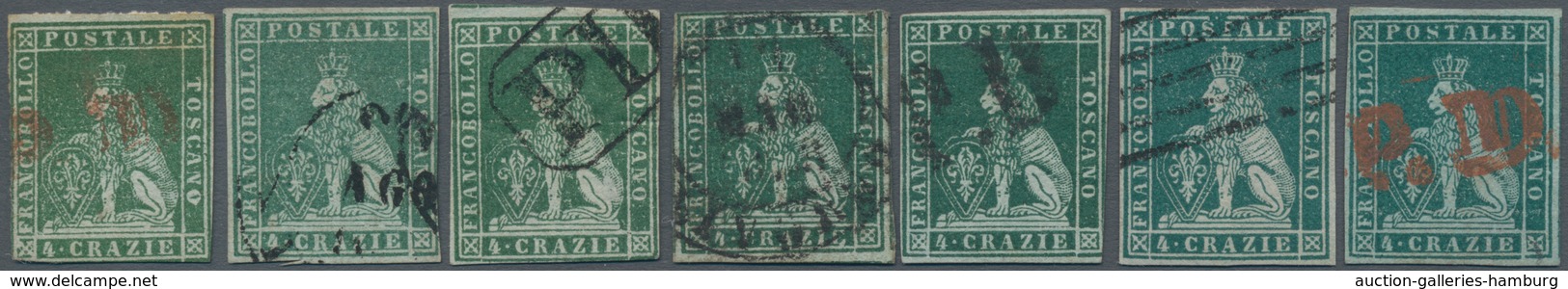 Italien - Altitalienische Staaten: Toscana: 1851, Seven Stamps 4 Cr. Blueish Green On Blueish Paper - Tuscany