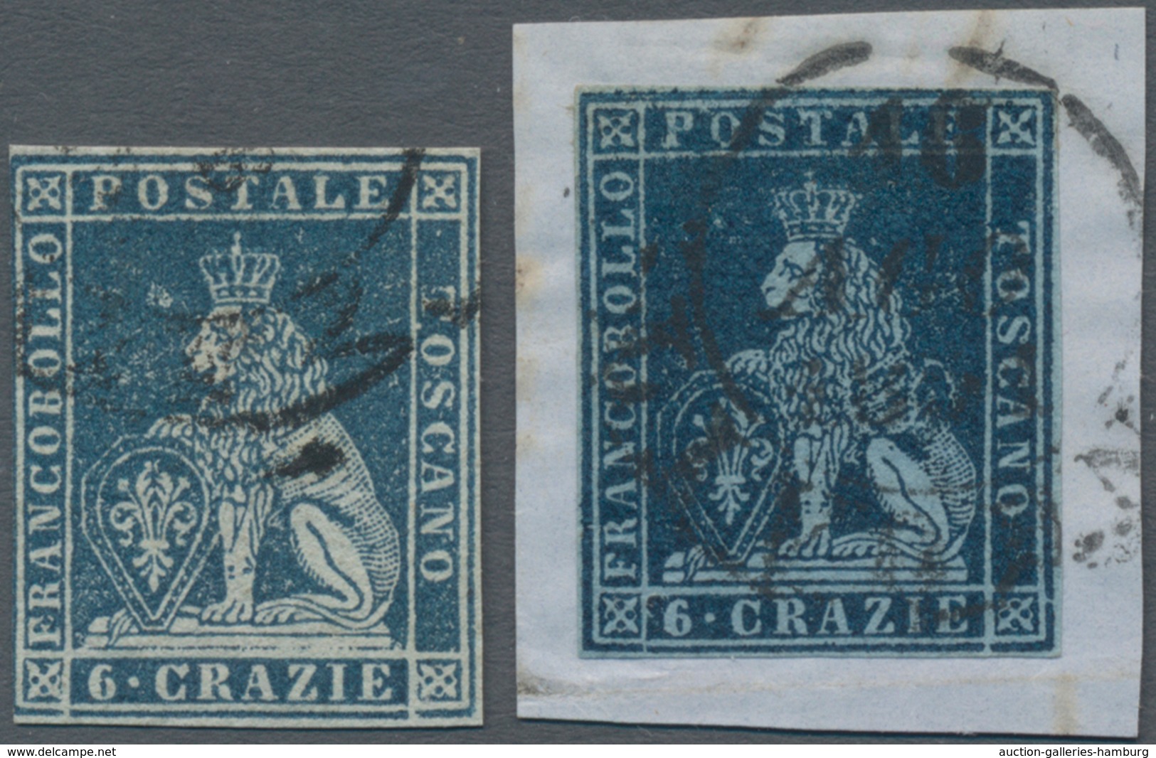 Italien - Altitalienische Staaten: Toscana: 1851, Three Stamps 6 Cr. Greyish Blue On Grey Paper To I - Toskana