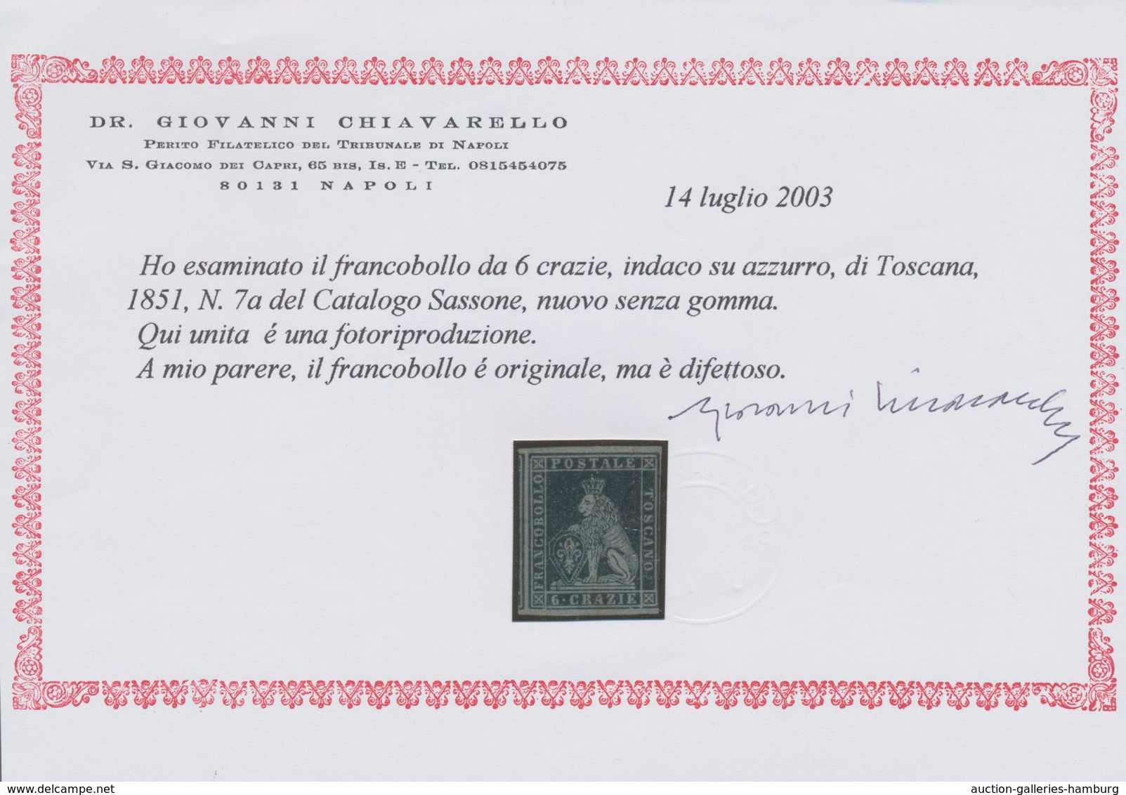 Italien - Altitalienische Staaten: Toscana: 1851, 6 Cr Indigo On Light Blue Unused With A Small Rest - Tuscany