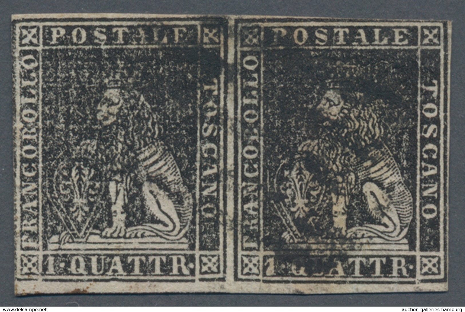 Italien - Altitalienische Staaten: Toscana: 1857, 1 Qu Black Horizontal Pair Cancelled With Bar Stam - Tuscany