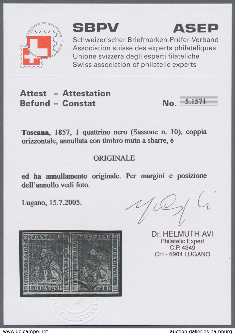 Italien - Altitalienische Staaten: Toscana: 1857, 1 Qu Black Horizontal Pair Cancelled With Bar Stam - Tuscany