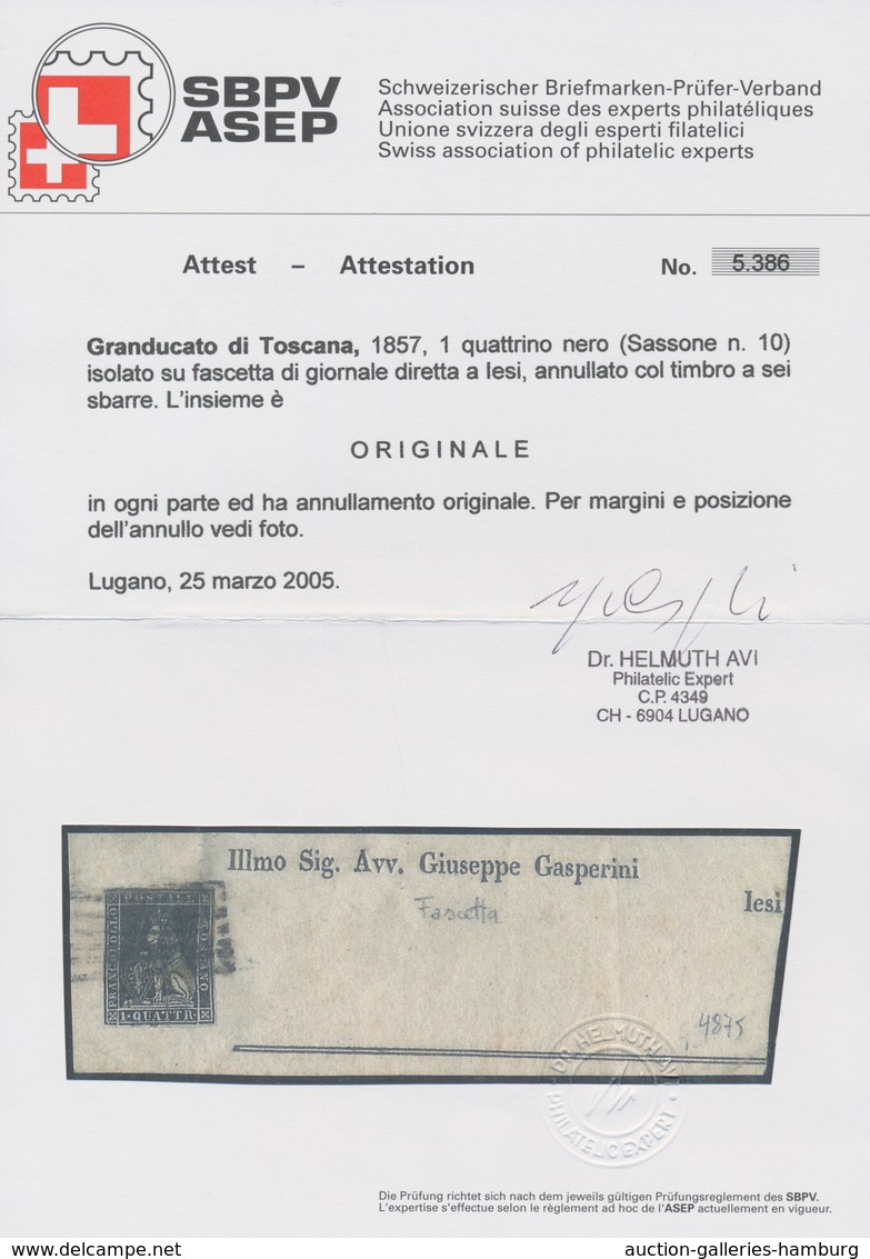 Italien - Altitalienische Staaten: Toscana: 1857, 1 Q. Black, Isolated On A Newspaper Wrapper Front - Toskana