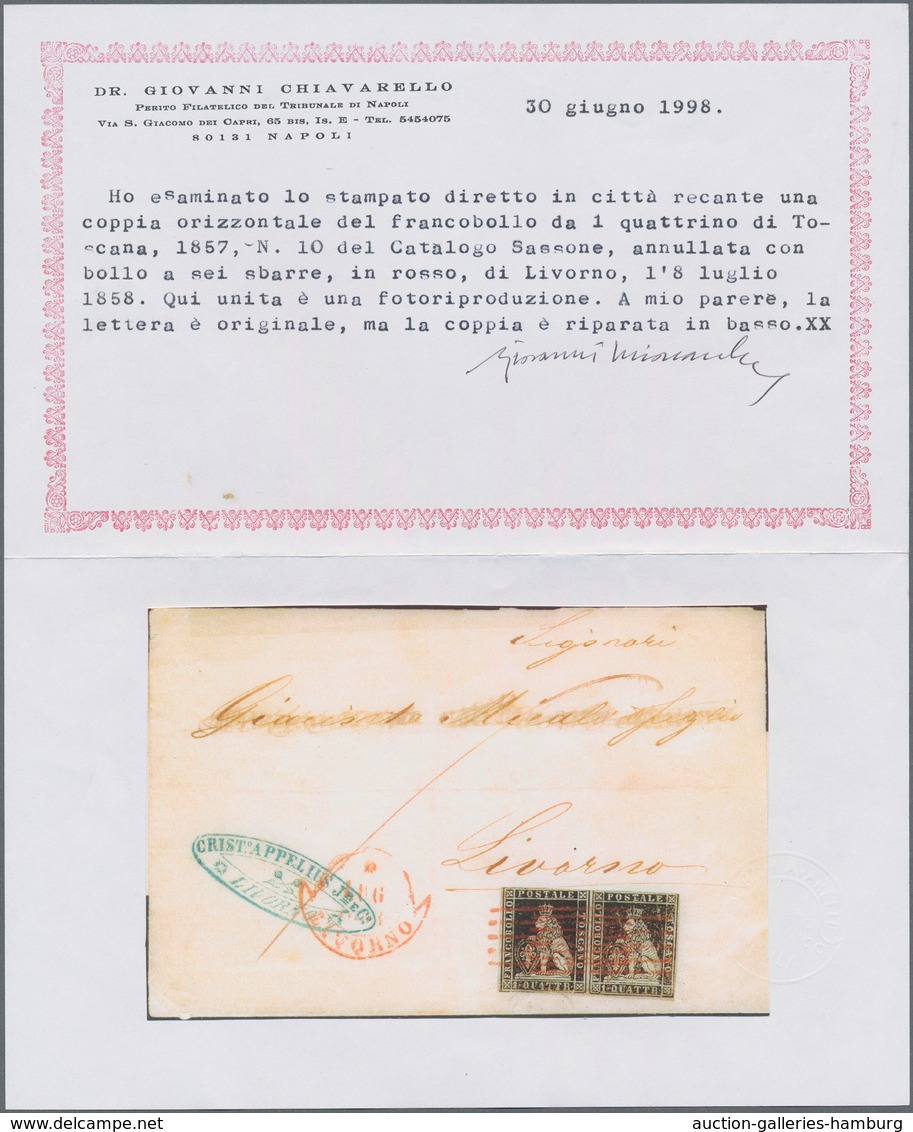 Italien - Altitalienische Staaten: Toscana: 1857, 1 Qu Black, Horizontal Pair, Top Margins Slightly - Toskana