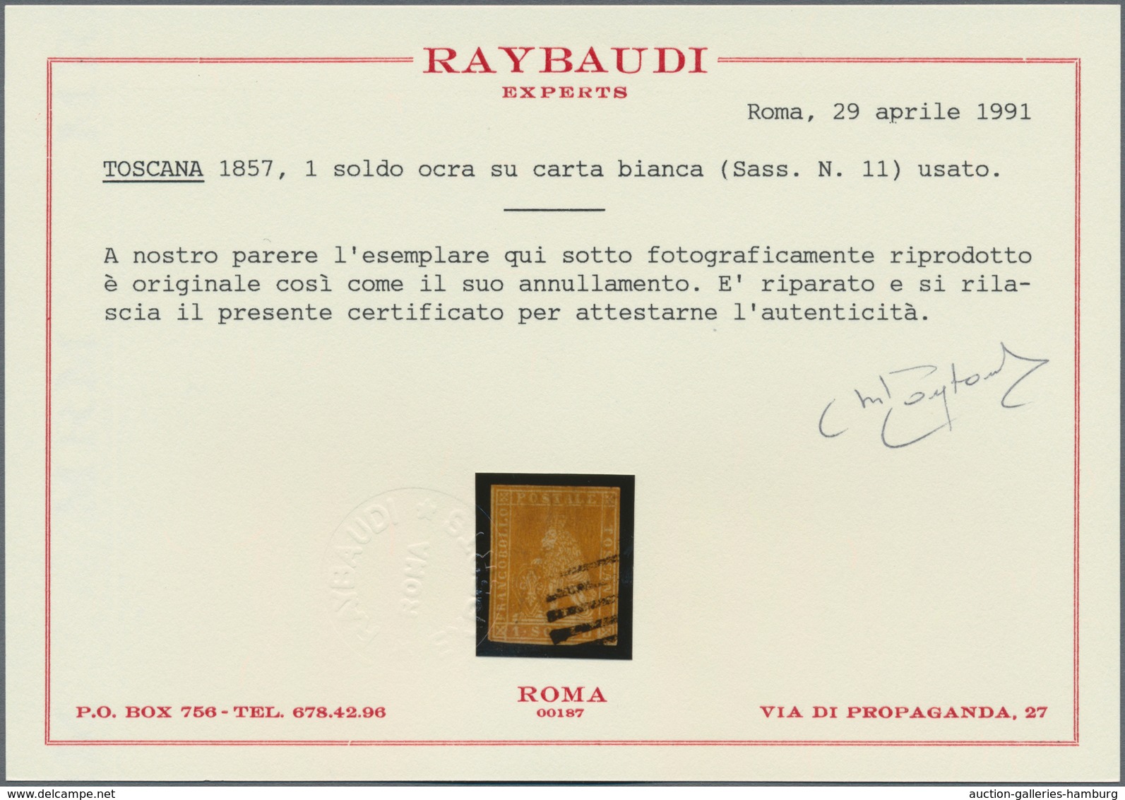 Italien - Altitalienische Staaten: Toscana: 1857, 1 Soldo Ochre On White Paper, Used, Repaired. Cert - Tuscany
