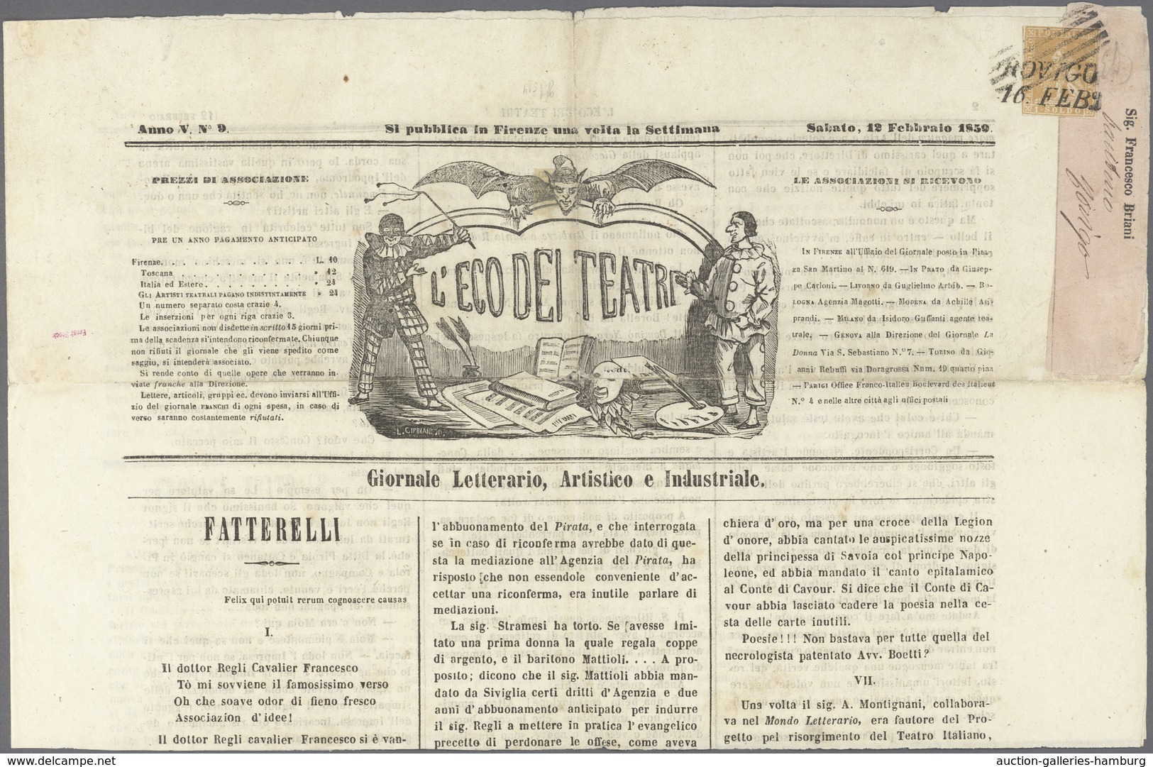 Italien - Altitalienische Staaten: Toscana: 1857. 1 Soldo Ochre, Tied To Weekly Newspaper "L' Eco De - Tuscany