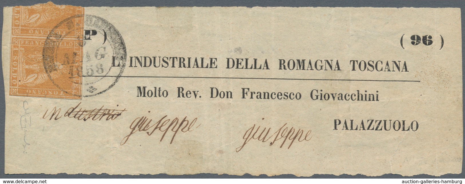 Italien - Altitalienische Staaten: Toscana: 1855: 1 Soldo Ochre, Horizontal Pair On A Wrapper Front - Tuscany