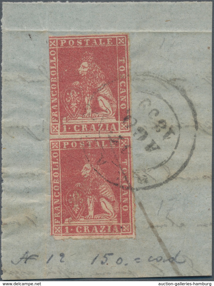 Italien - Altitalienische Staaten: Toscana: 1857, 1 Cr Carmine In Vertical Pair On Piece Cancelled W - Toskana