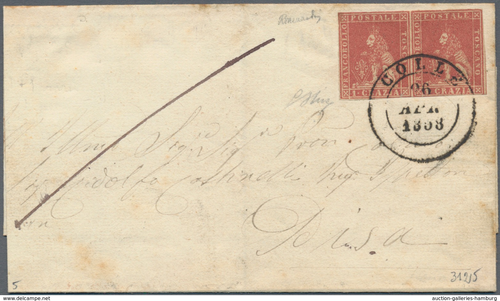 Italien - Altitalienische Staaten: Toscana: 1857, 1 Crazia Carmine In Horizontal Pair On Letter For - Toskana