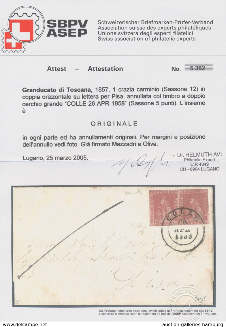 Italien - Altitalienische Staaten: Toscana: 1857, 1 Crazia Carmine In Horizontal Pair On Letter For - Toskana