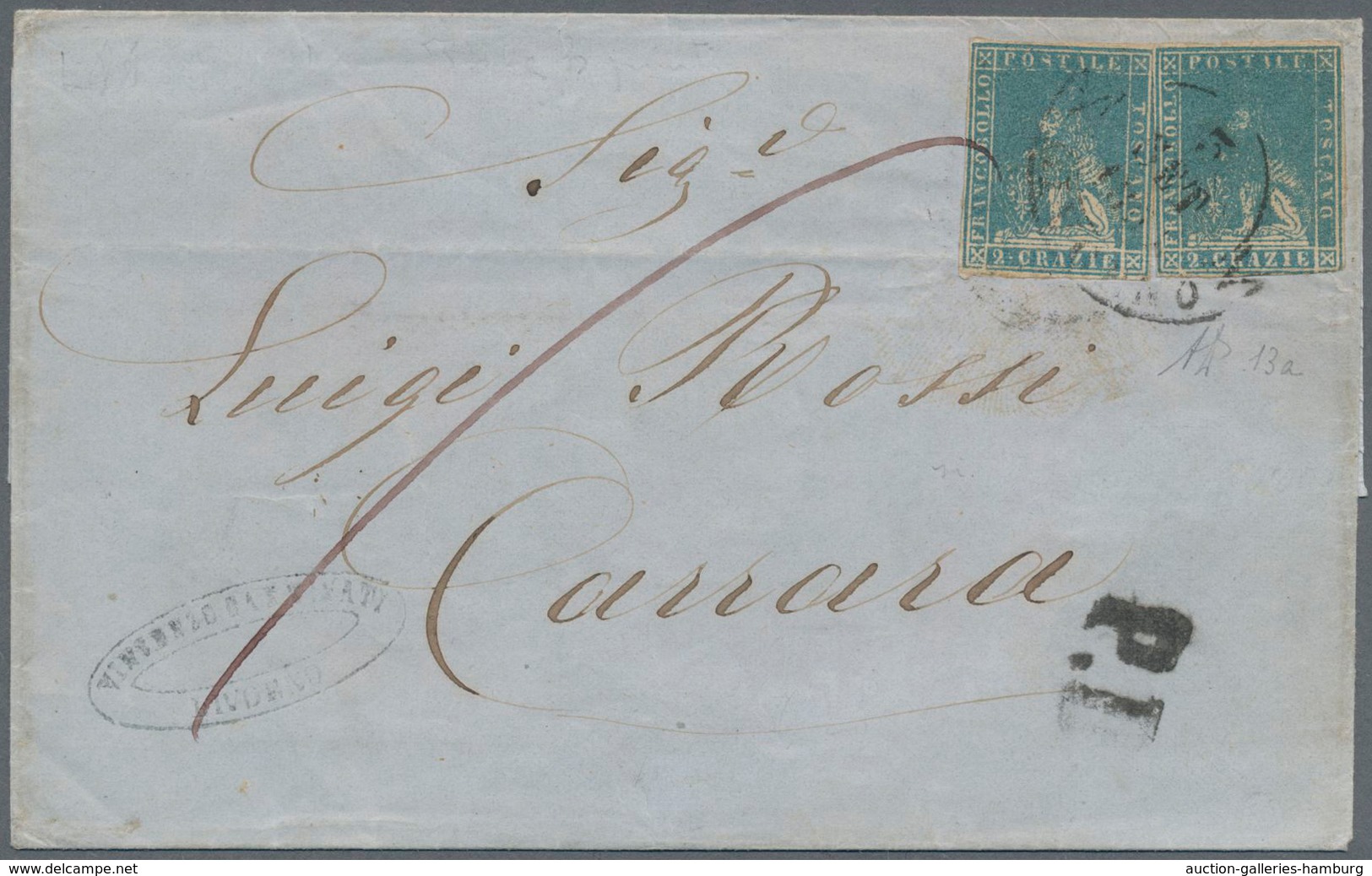 Italien - Altitalienische Staaten: Toscana: 1857, Two Items 2 Cr Blue On Folded Letter From Livorno - Toskana