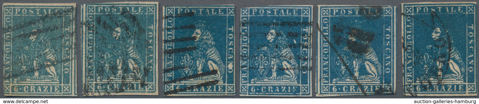 Italien - Altitalienische Staaten: Toscana: 1857, Six Stamps 6 Cr. Milky Blue To Deep Blue, A Very A - Tuscany