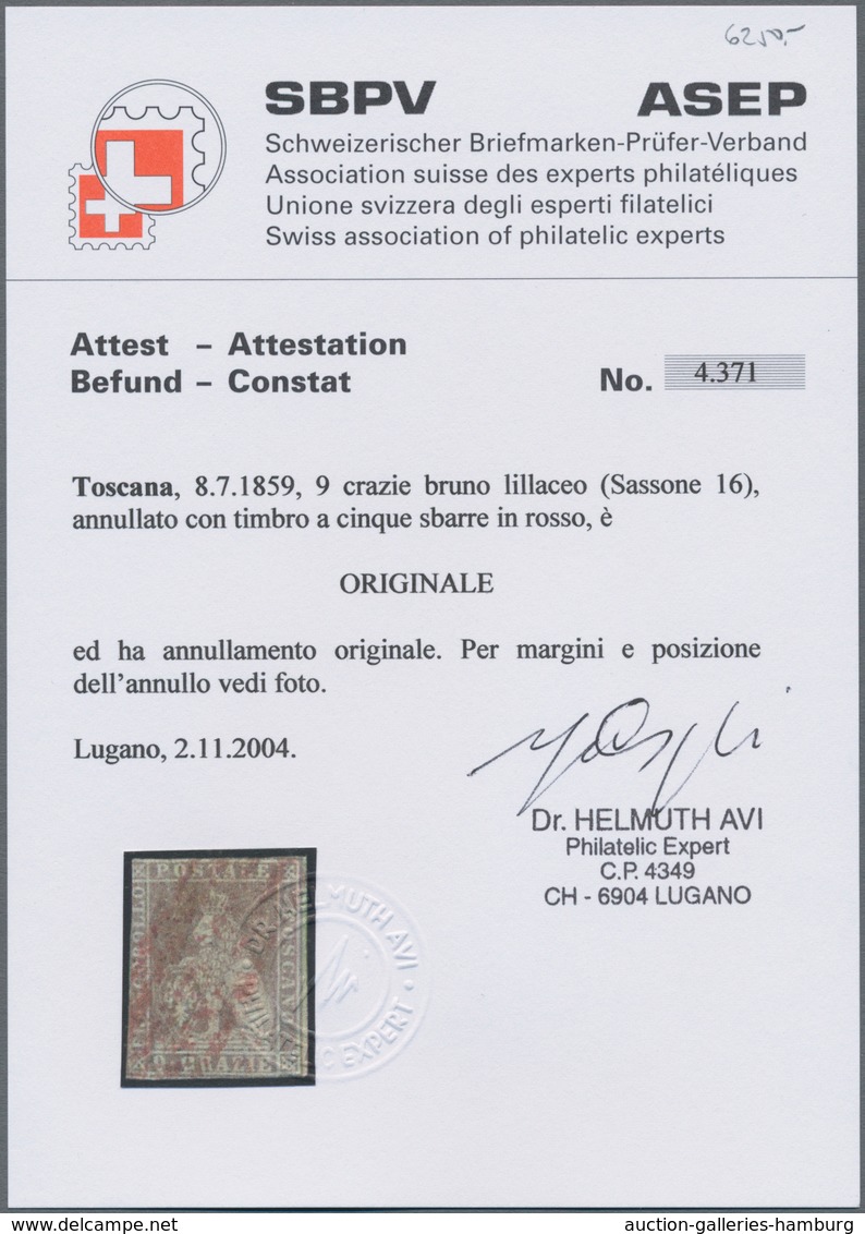 Italien - Altitalienische Staaten: Toscana: 1859, 9 Cr Brown-lilac Cancelled With Five-dash Postmark - Tuscany