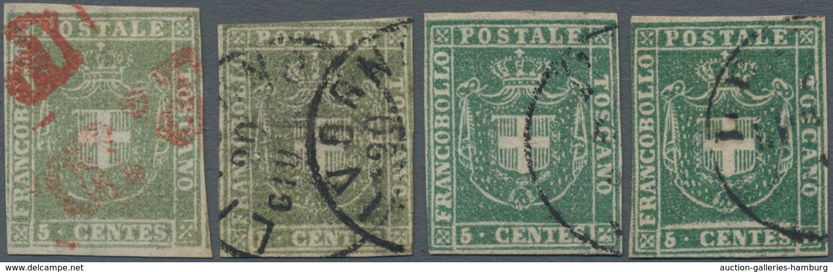 Italien - Altitalienische Staaten: Toscana: 1860, Four Stamps 5 C. Green Olive To Deep Green (first - Tuscany