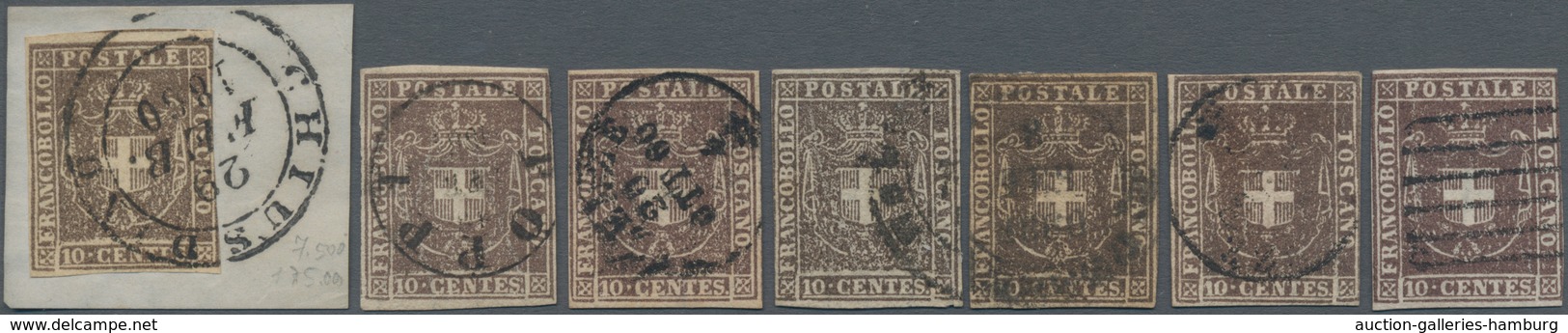 Italien - Altitalienische Staaten: Toscana: 1860, Seven Stamps 10 C. Dull Brown To Chocolate Brown, - Tuscany