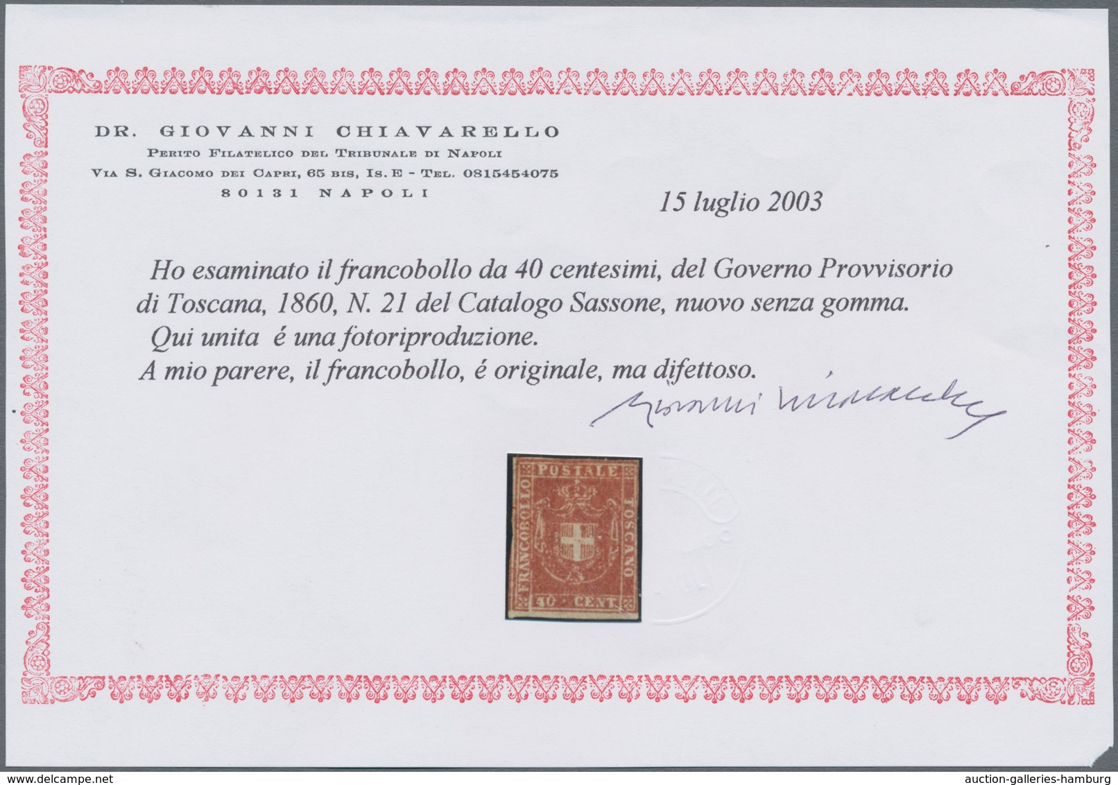 Italien - Altitalienische Staaten: Toscana: 1860, 40 Cent. Carmine Unused Without Gum, Three Sides F - Tuscany