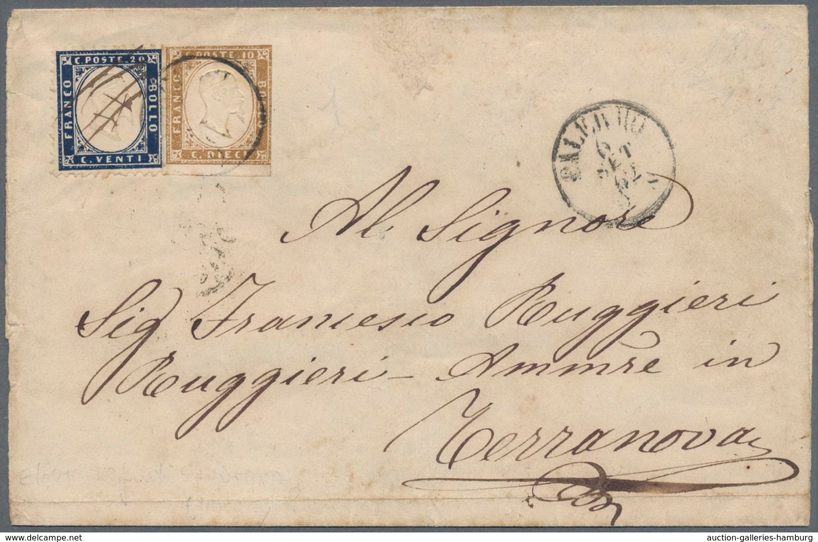 Italien: 1862, 10 Yellow-brown Imperf Mixed Franking With 20c Blue Perforated Tied By Circle Camcel - Ungebraucht